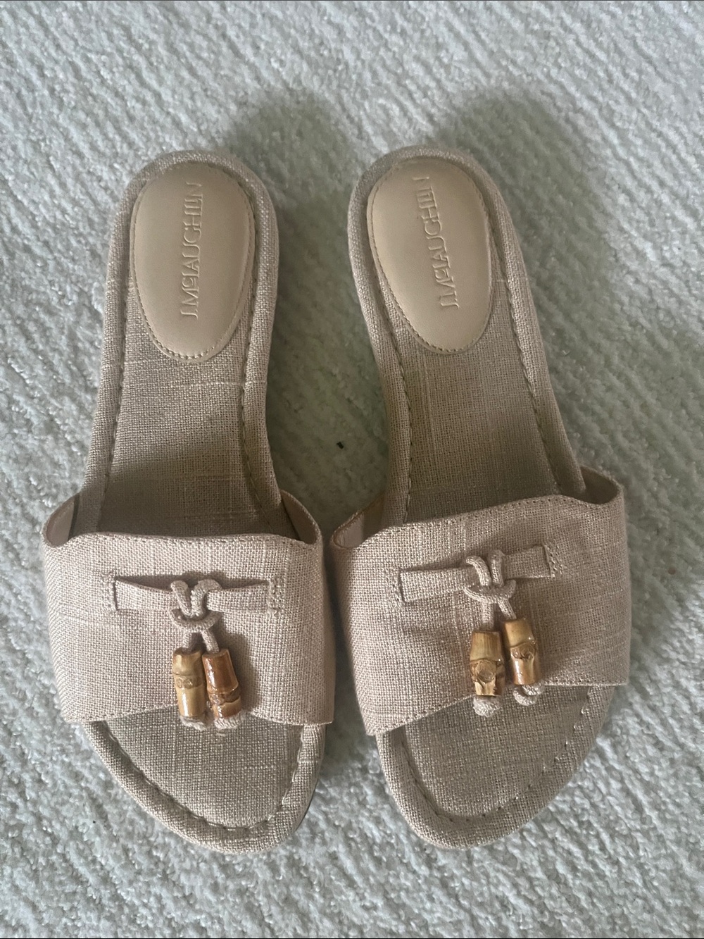 J McLaughlin Neutral Beige Linen Slide Sandals with Tassel Accent
